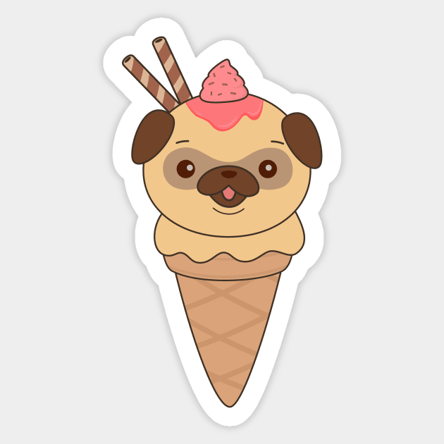 Kawaii Cute Pug Ice Cream Cone T-Shirt Sticker by happinessinatee